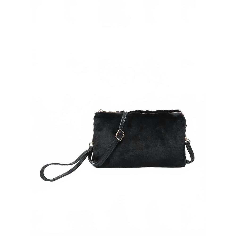 NEW JEN & CO. women's riley fur three compartment crossbody wristlet bag in blac